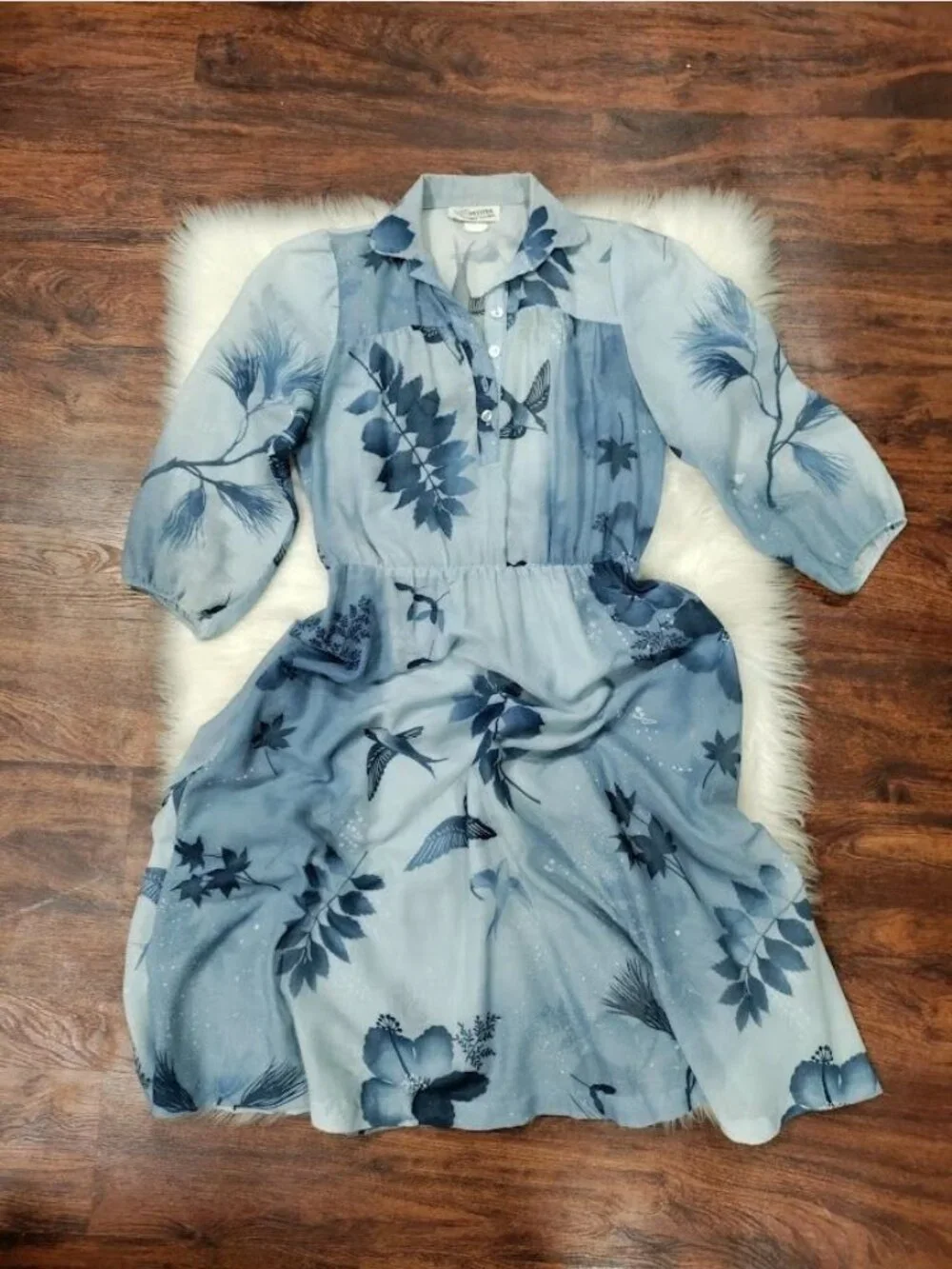 VTG 60's Petites By Penny Young Floral Bird Print Midi Dress Blue Womens Size 10 - Picture 6 of 15